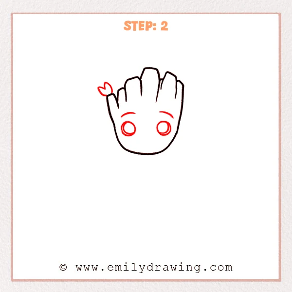 how to draw a baby groot - Step 2: Baby Groot head with big round eyes, curved eyebrows, and a small leafy twig on the side.